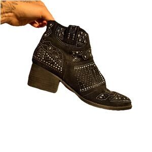 Fergie Black Leather Suede Silver Accent Embellished Bootie, Women’s Size 8